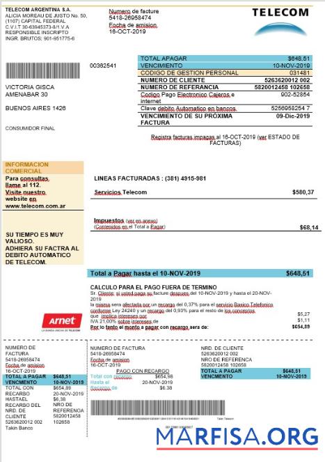 Printable Argentina telecom bill template